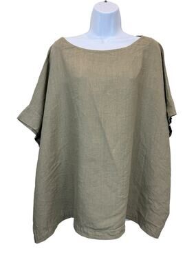 Linen Top Womens 2X Dark Olive Green Lagenlook Relaxed Oversized Made In USA